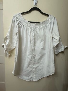 Saks Fifth Avenue L Off Shoulder Button Front Bow Tie Sleeve Poplin Top Neutral